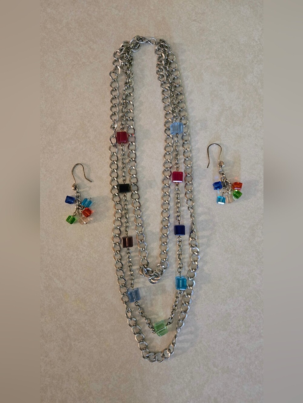 Handmade Multi-strand Silver Necklace Multicolor Square Beads  Matching Earrings
